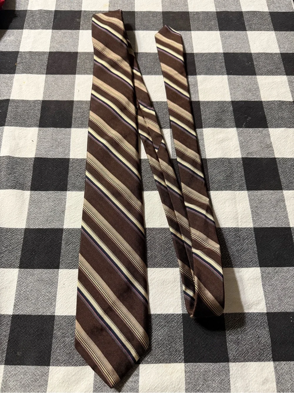 Men's Brown Striped Tie with Cream and Purple Accents
